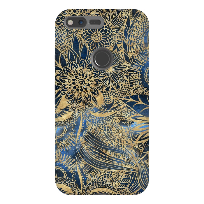Pixel XL StrongFit Elegant gold floral mandala and blue nebula design by InovArts