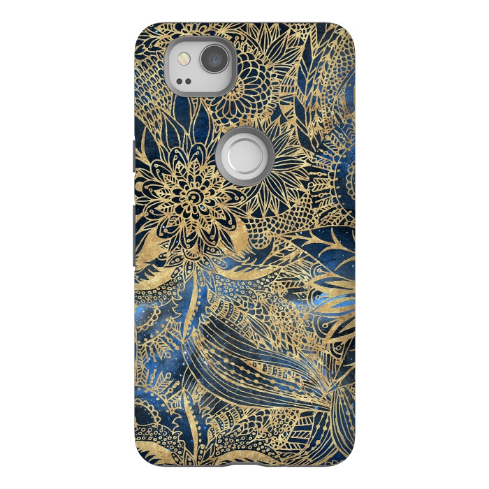 Pixel 2 StrongFit Elegant gold floral mandala and blue nebula design by InovArts