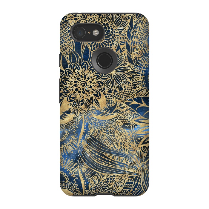 Pixel 3 StrongFit Elegant gold floral mandala and blue nebula design by InovArts