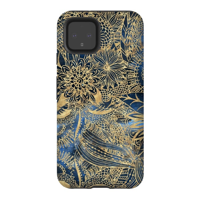 Pixel 4 StrongFit Elegant gold floral mandala and blue nebula design by InovArts