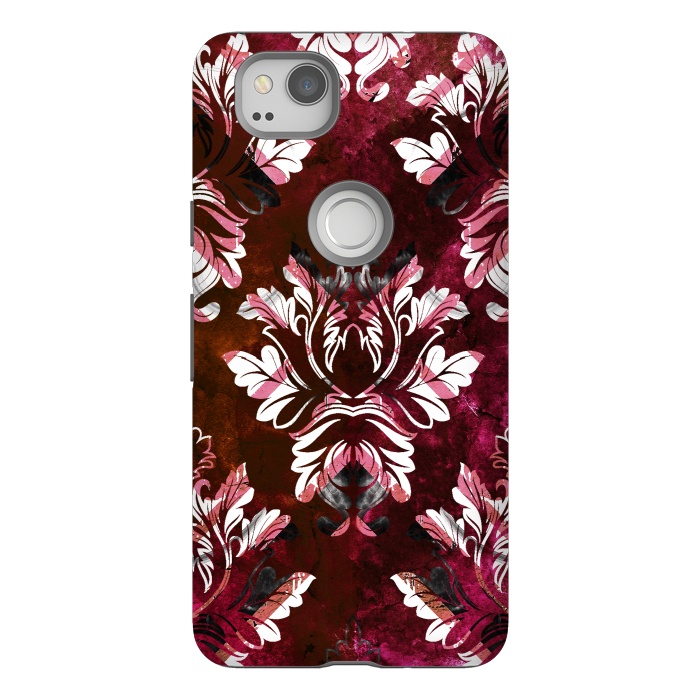 Pixel 2 StrongFit Rich burgundy marble and silver damask by Oana 
