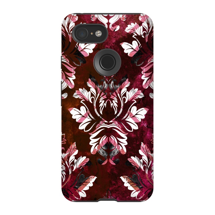 Pixel 3 StrongFit Rich burgundy marble and silver damask by Oana 