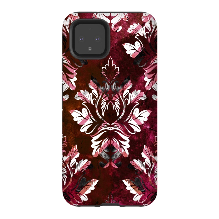 Pixel 4 StrongFit Rich burgundy marble and silver damask by Oana 