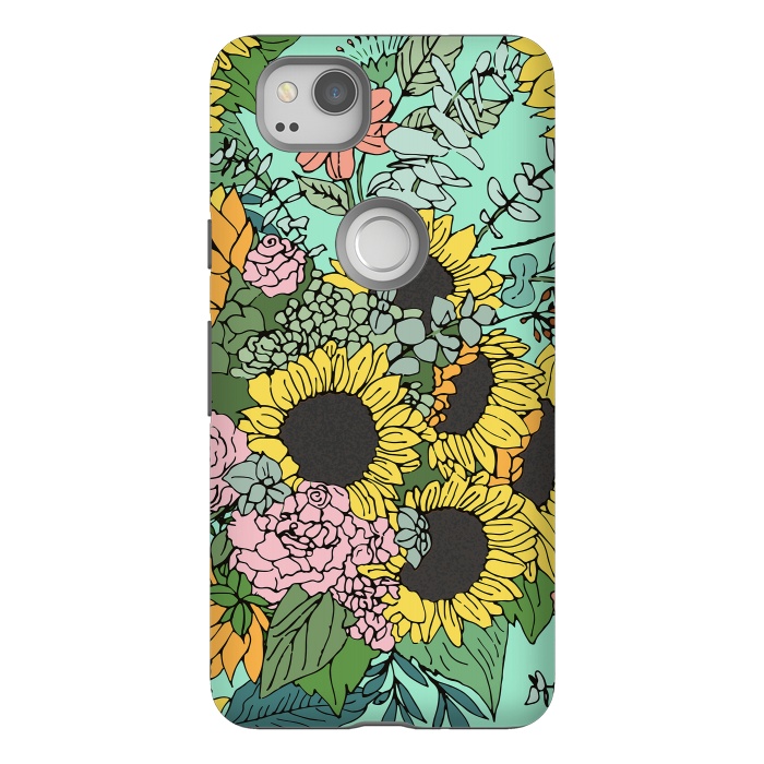 Pixel 2 StrongFit Trendy yellow sunflowers and pink roses mint design by InovArts