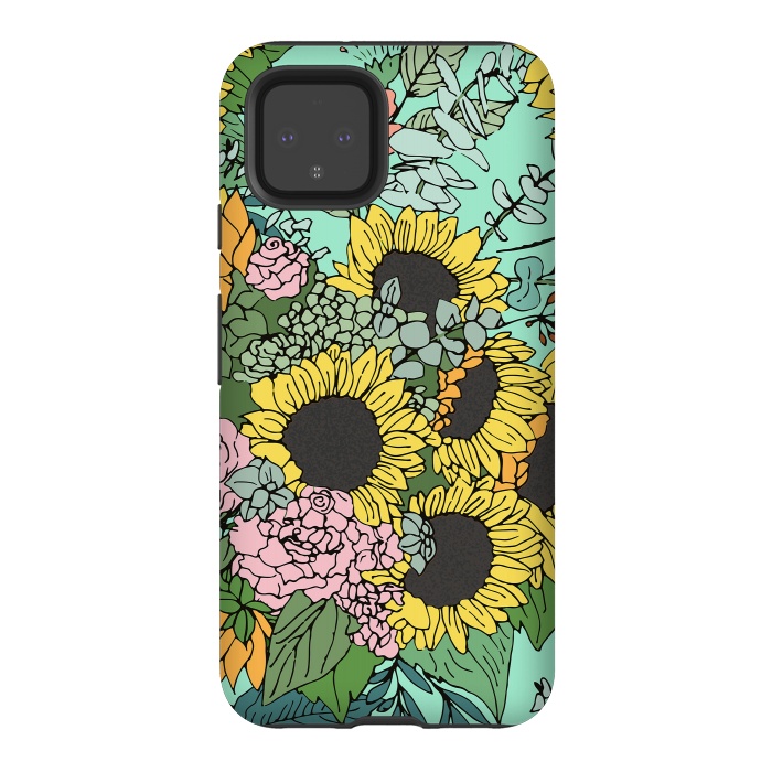 Pixel 4 StrongFit Trendy yellow sunflowers and pink roses mint design by InovArts