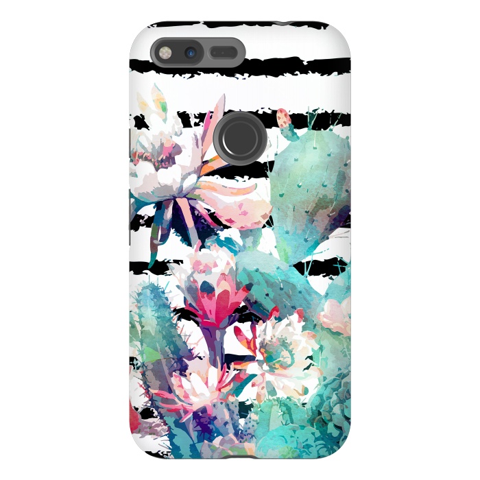Pixel XL StrongFit Pretty watercolor cactus floral and stripes design by InovArts
