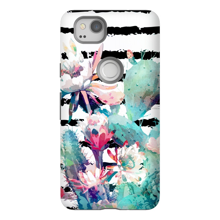 Pixel 2 StrongFit Pretty watercolor cactus floral and stripes design by InovArts