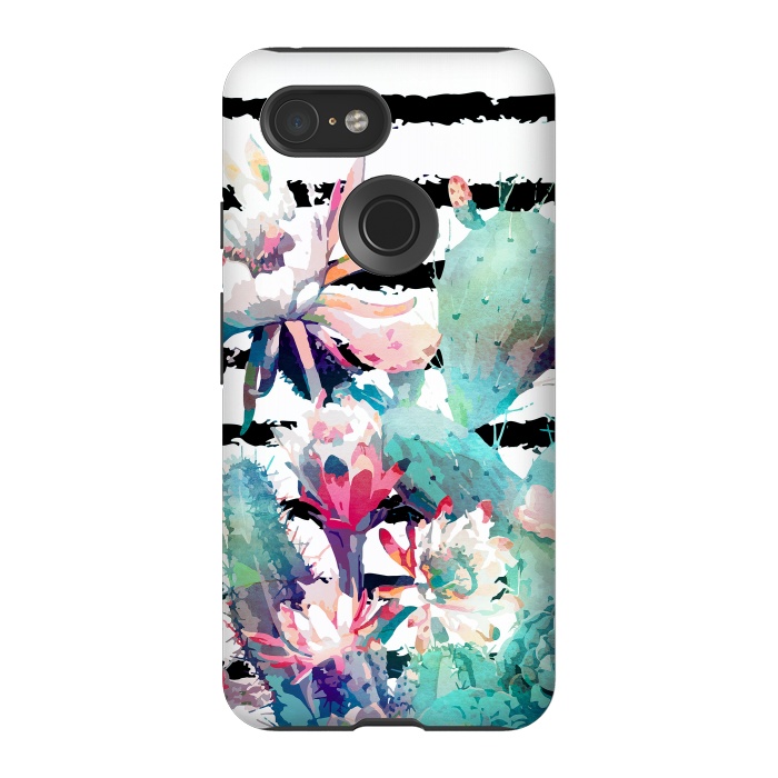 Pixel 3 StrongFit Pretty watercolor cactus floral and stripes design by InovArts