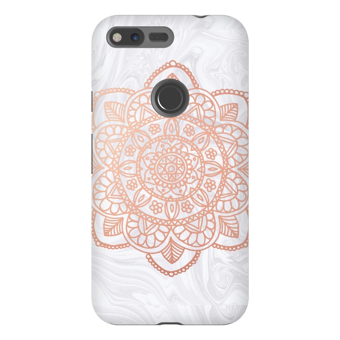 Pixel XL StrongFit Rose Gold Mandala on White Marble by Julie Erin Designs