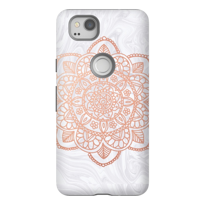 Pixel 2 StrongFit Rose Gold Mandala on White Marble by Julie Erin Designs