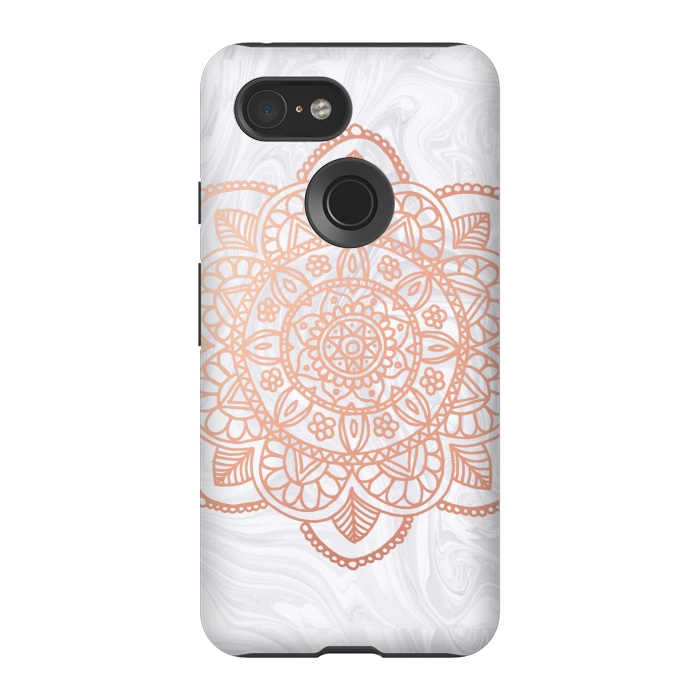 Pixel 3 StrongFit Rose Gold Mandala on White Marble by Julie Erin Designs