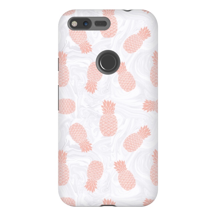 Pixel XL StrongFit Pink Pineapples on White Marble by Julie Erin Designs
