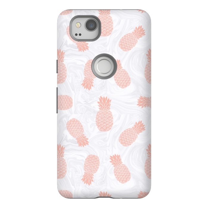 Pixel 2 StrongFit Pink Pineapples on White Marble by Julie Erin Designs