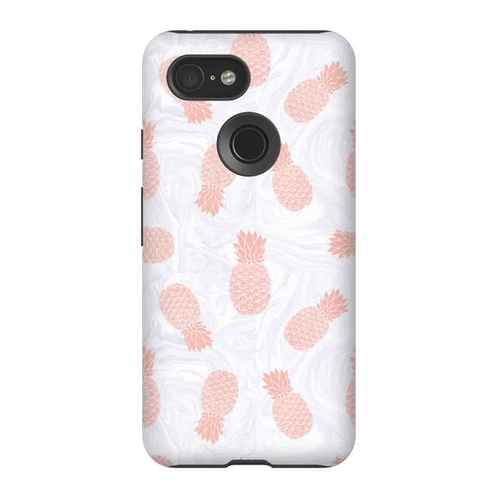 Pixel 3 StrongFit Pink Pineapples on White Marble by Julie Erin Designs