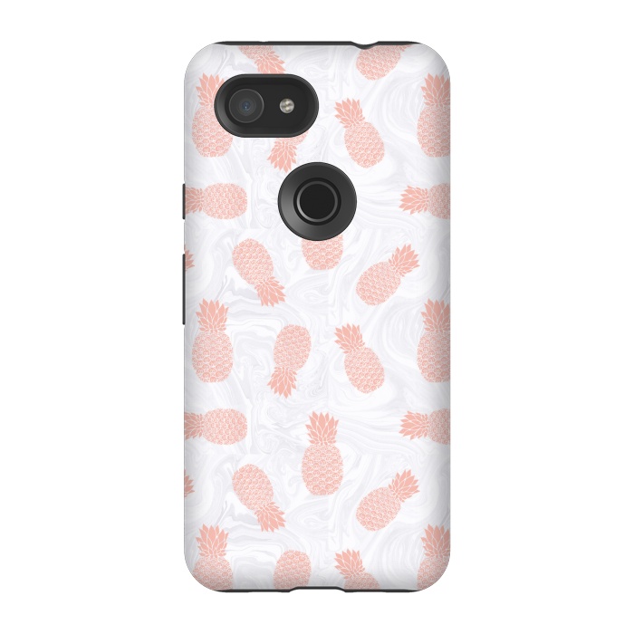 Pixel 3A StrongFit Pink Pineapples on White Marble by Julie Erin Designs