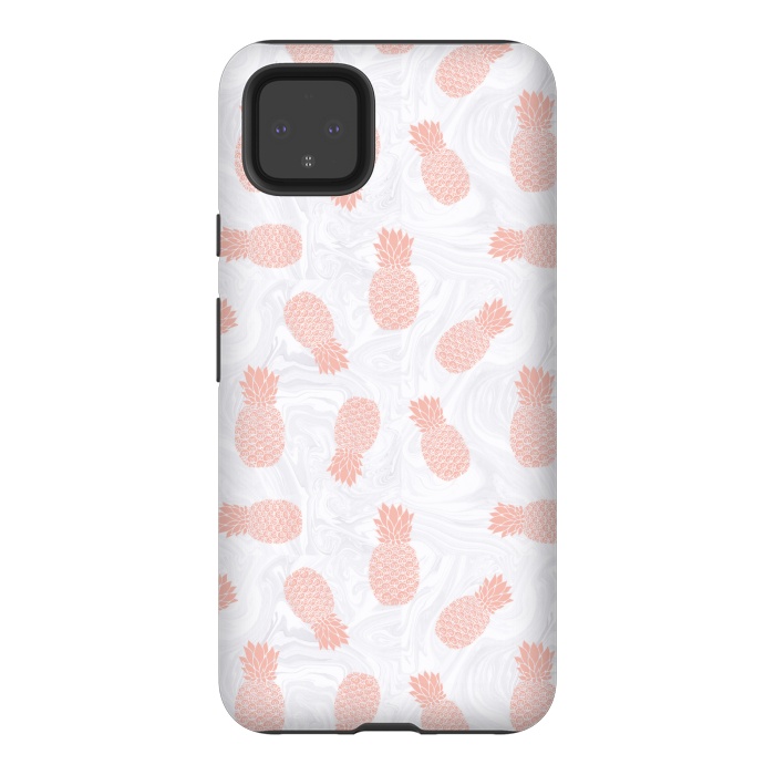 Pixel 4XL StrongFit Pink Pineapples on White Marble by Julie Erin Designs