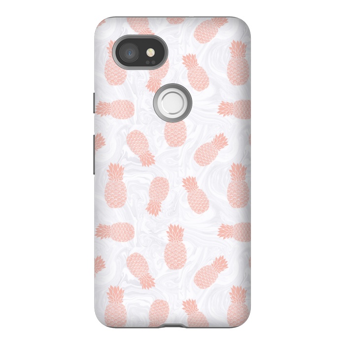 Pixel 2XL StrongFit Pink Pineapples on White Marble by Julie Erin Designs