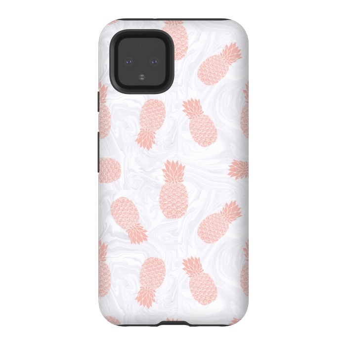 Pixel 4 StrongFit Pink Pineapples on White Marble by Julie Erin Designs