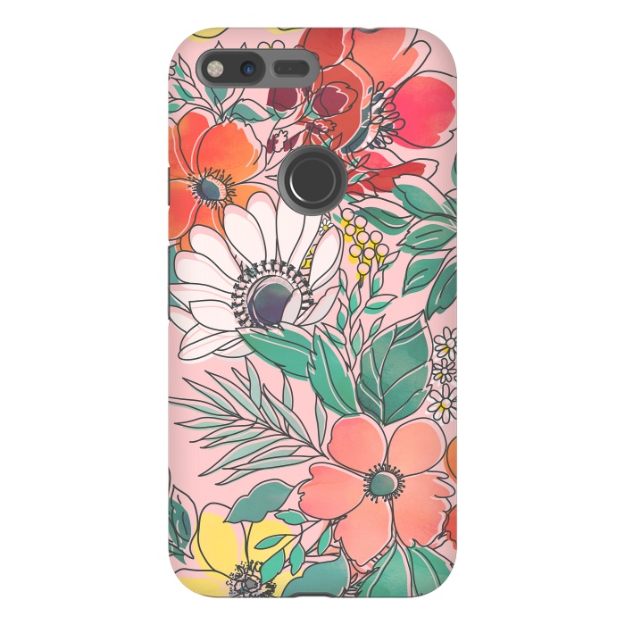 Pixel XL StrongFit Cute girly pink floral hand drawn design by InovArts