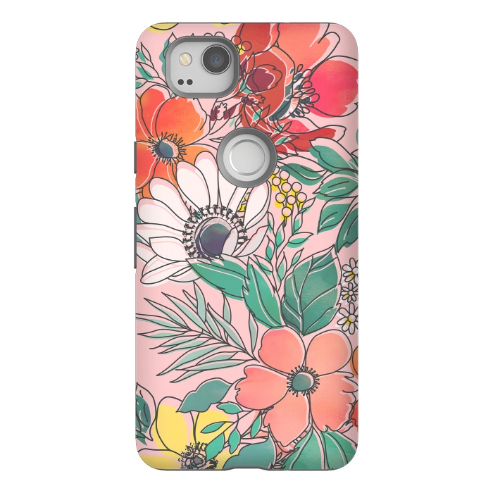Pixel 2 StrongFit Cute girly pink floral hand drawn design by InovArts