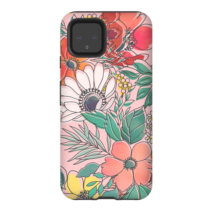 Pixel 4 StrongFit Cute girly pink floral hand drawn design by InovArts