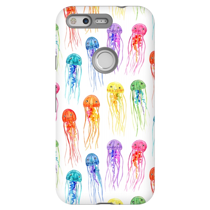 Pixel StrongFit Cute Little Rainbow Jellyfish on White by Micklyn Le Feuvre