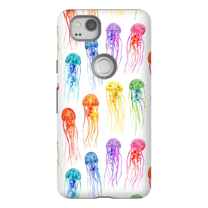 Pixel 2 StrongFit Cute Little Rainbow Jellyfish on White by Micklyn Le Feuvre