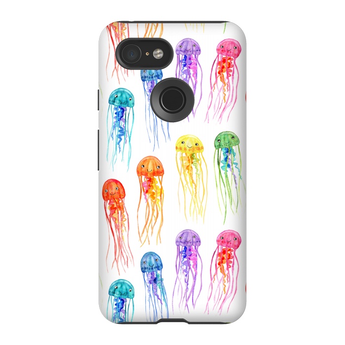 Pixel 3 StrongFit Cute Little Rainbow Jellyfish on White by Micklyn Le Feuvre