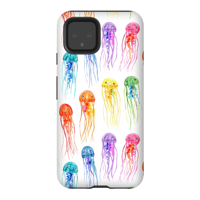 Pixel 4 StrongFit Cute Little Rainbow Jellyfish on White by Micklyn Le Feuvre