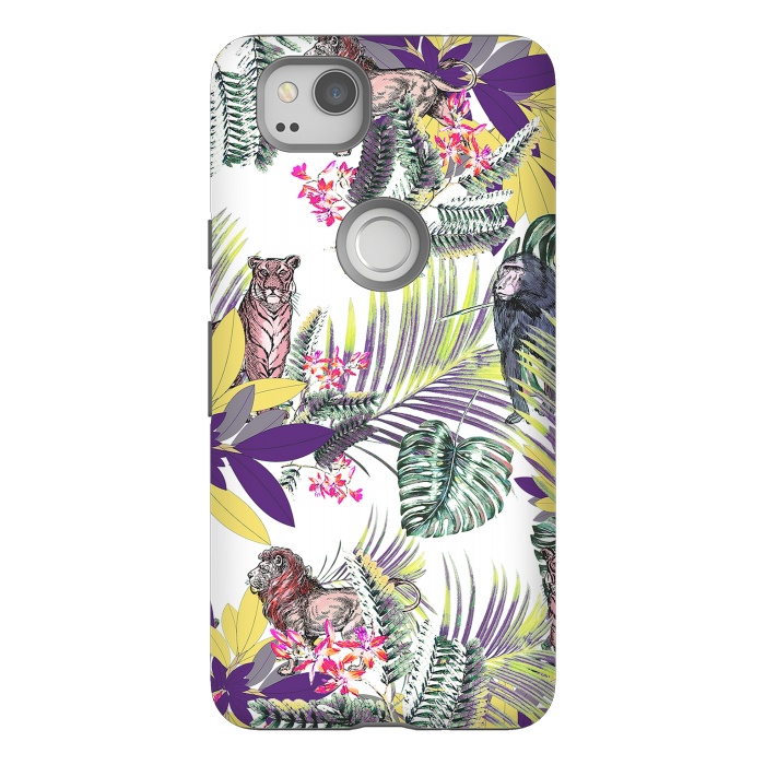 Pixel 2 StrongFit Colorful jungle leaves and wild animals pattern by Oana 
