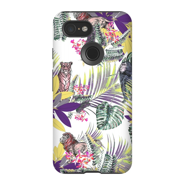 Pixel 3 StrongFit Colorful jungle leaves and wild animals pattern by Oana 