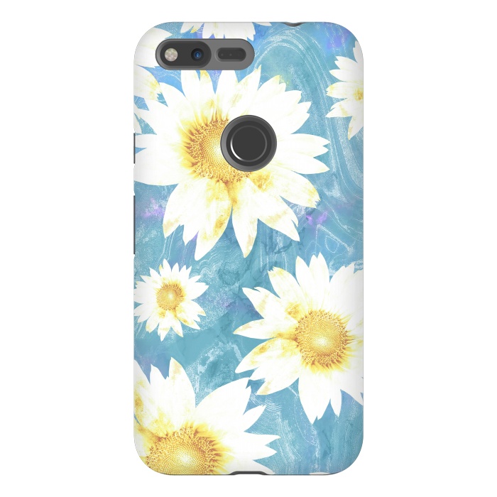 Pixel XL StrongFit White sunflowers on baby blue marble by Oana 
