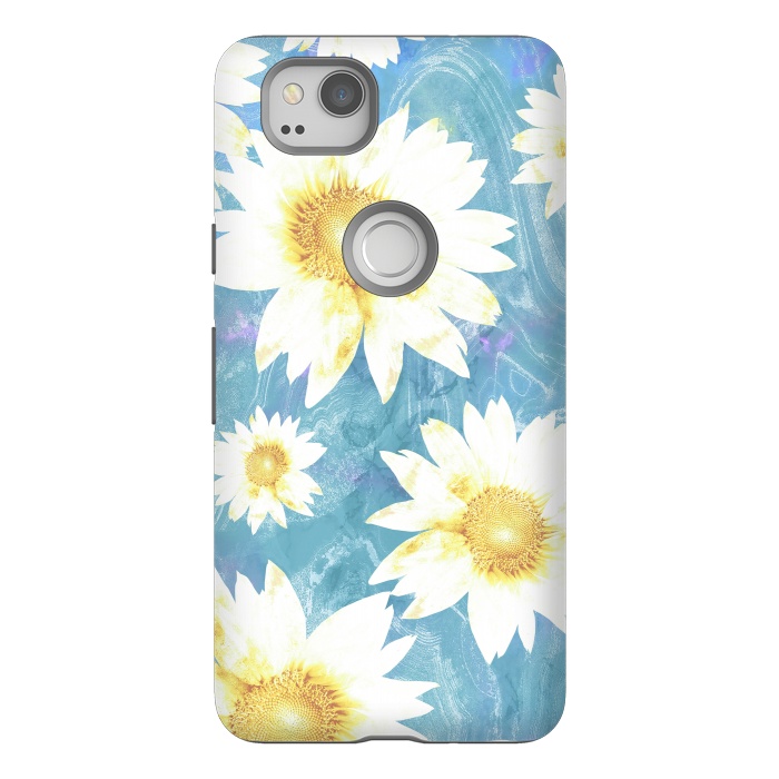 Pixel 2 StrongFit White sunflowers on baby blue marble by Oana 