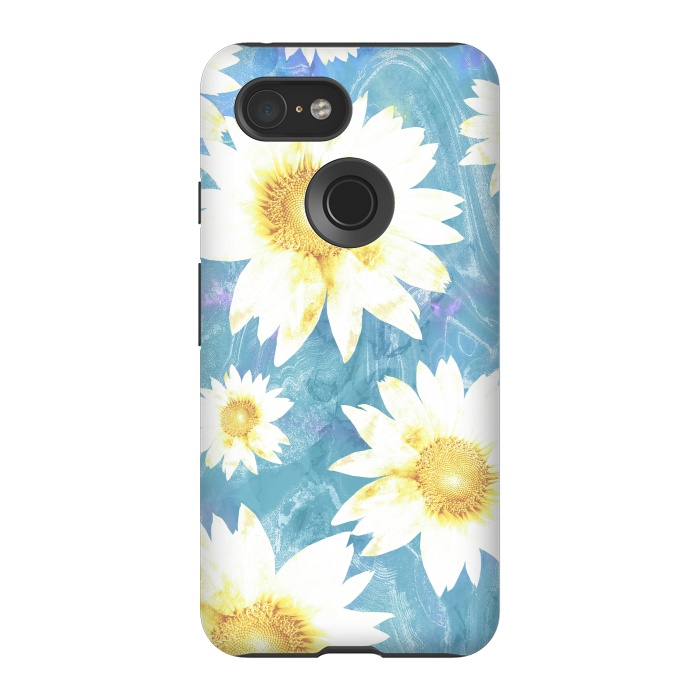 Pixel 3 StrongFit White sunflowers on baby blue marble by Oana 