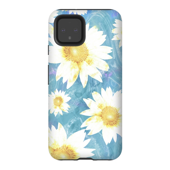 Pixel 4 StrongFit White sunflowers on baby blue marble by Oana 