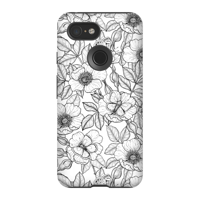 Pixel 3 StrongFit Dog rose and butterflies b&w by Katerina Kirilova