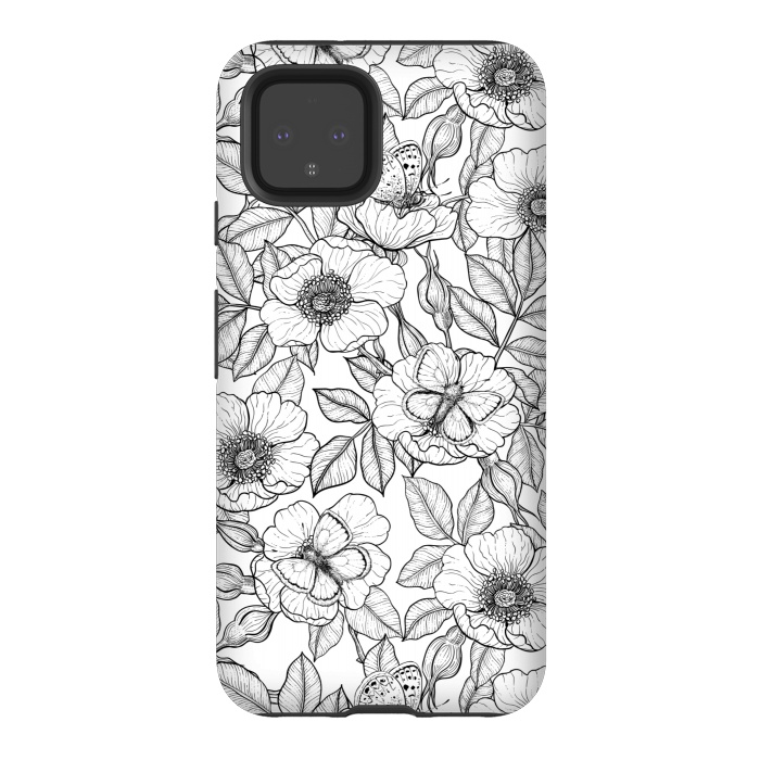 Pixel 4 StrongFit Dog rose and butterflies b&w by Katerina Kirilova