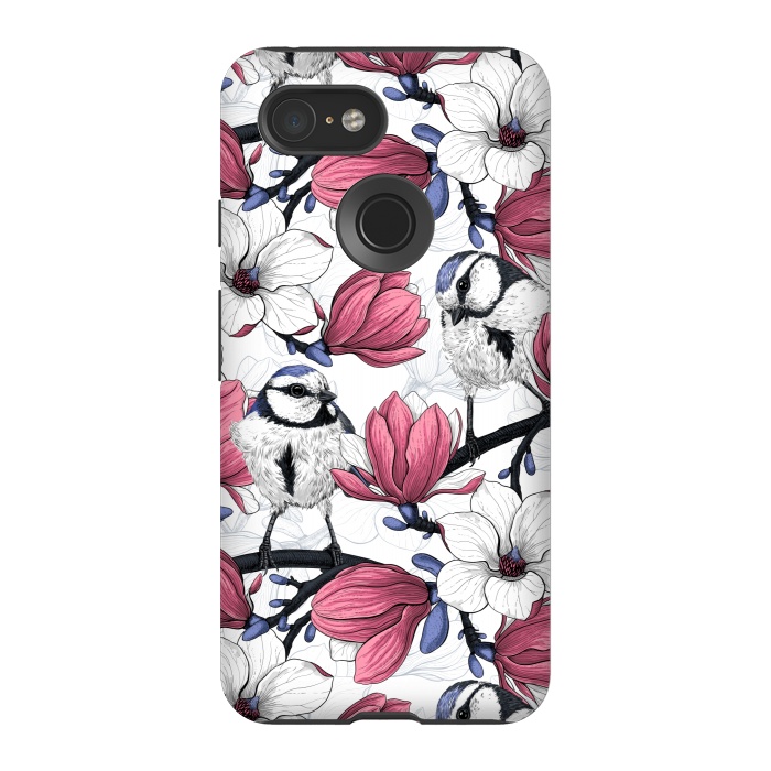Pixel 3 StrongFit Pink magnolia and blue tit birds by Katerina Kirilova