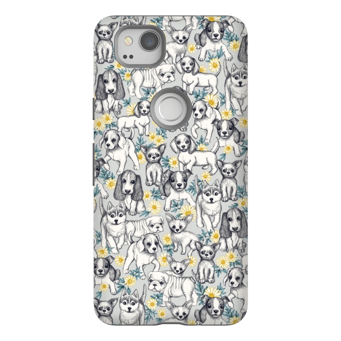 Pixel 2 StrongFit Dogs and Daisies on Grey by Micklyn Le Feuvre