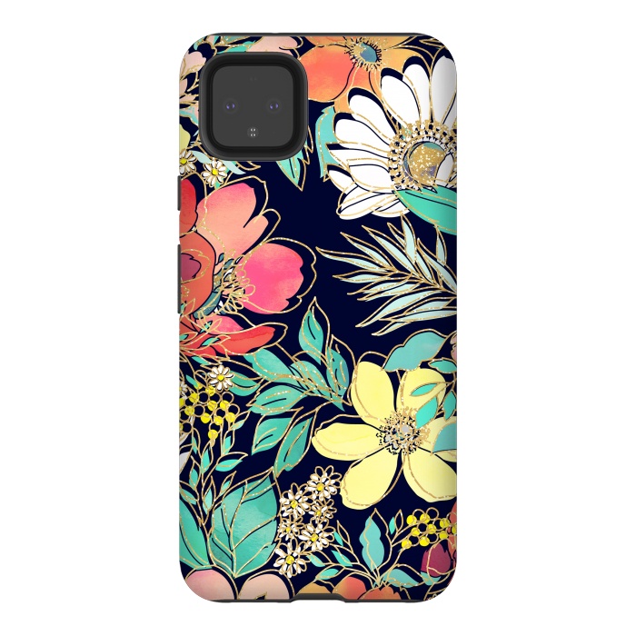 Pixel 4XL StrongFit Cute girly pink floral golden strokes design by InovArts