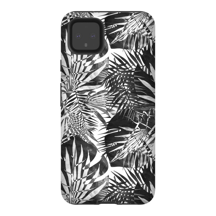 Pixel 4XL StrongFit Black and white tropical leaves illusion by Oana 