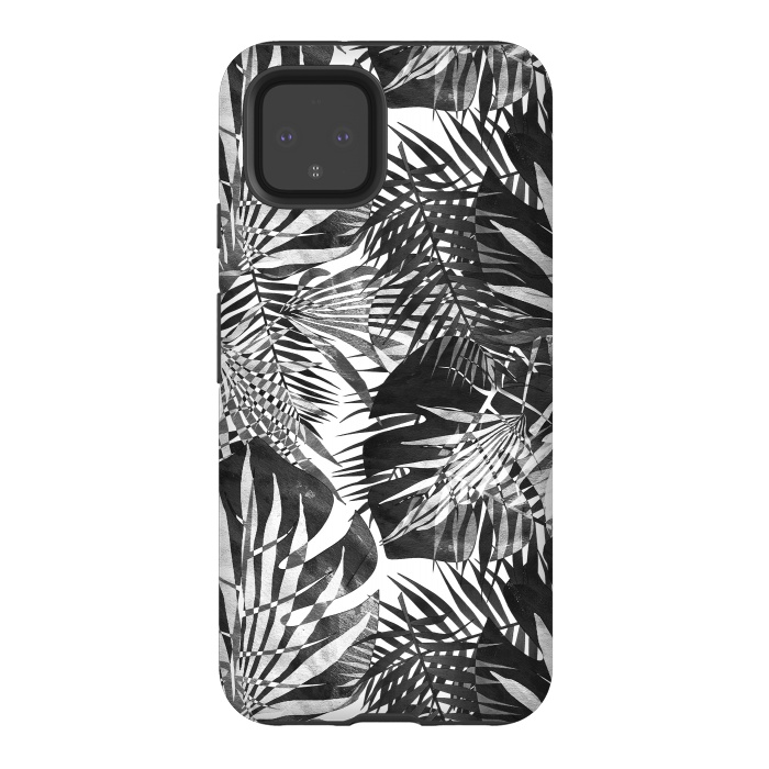 Pixel 4 StrongFit Black and white tropical leaves illusion by Oana 