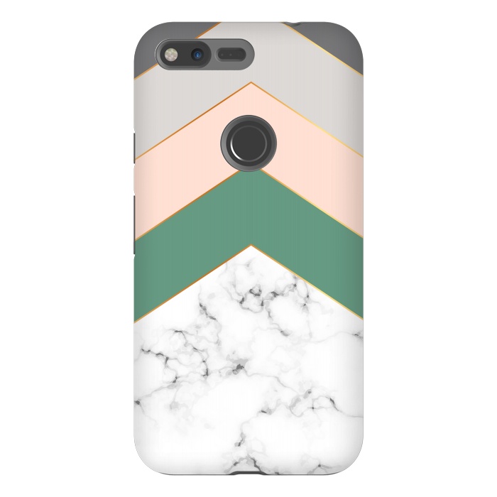 Pixel XL StrongFit Green Rose and Gray Marble Geometric Design with gold lines by ArtsCase