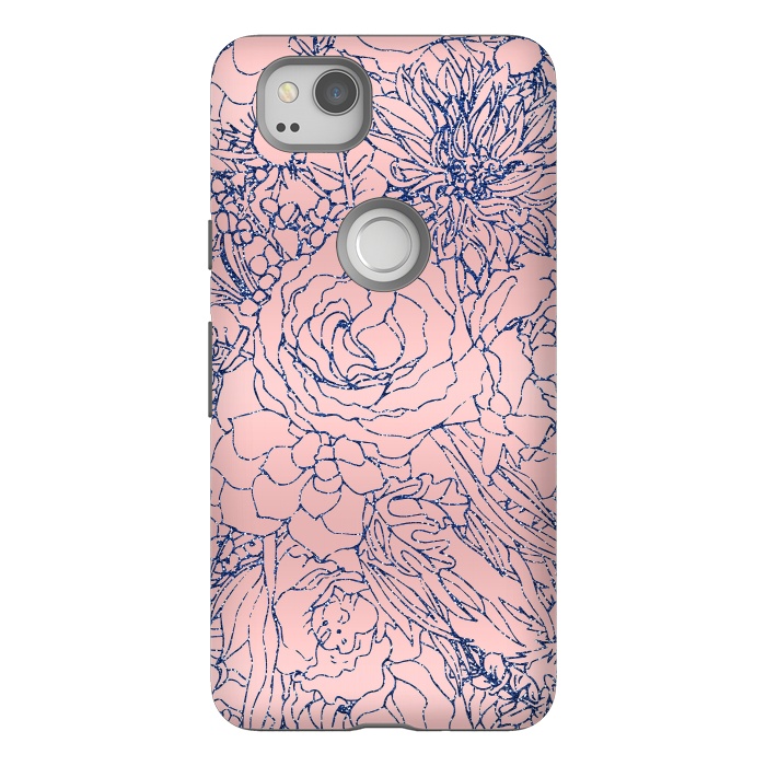 Pixel 2 StrongFit Stylish Metallic Navy Blue and Pink Floral Design by InovArts