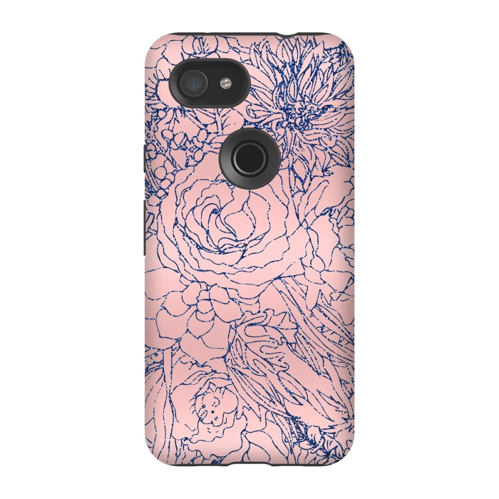 Pixel 3A StrongFit Stylish Metallic Navy Blue and Pink Floral Design by InovArts