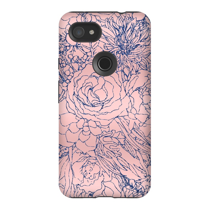 Pixel 3AXL StrongFit Stylish Metallic Navy Blue and Pink Floral Design by InovArts