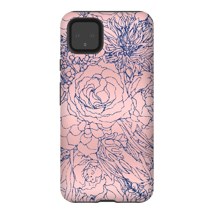Pixel 4XL StrongFit Stylish Metallic Navy Blue and Pink Floral Design by InovArts