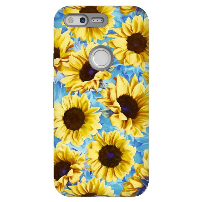 Pixel StrongFit Dreamy Sunflowers on Blue by Micklyn Le Feuvre
