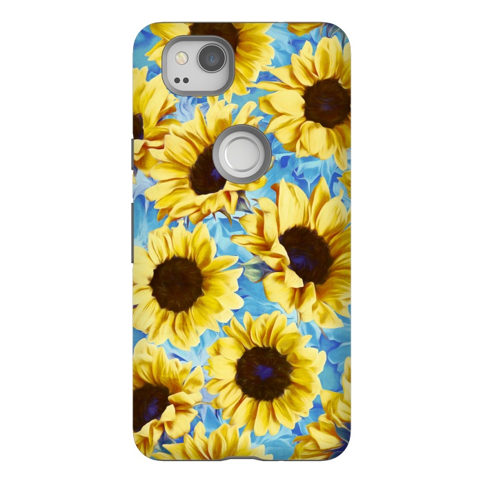 Pixel 2 StrongFit Dreamy Sunflowers on Blue by Micklyn Le Feuvre