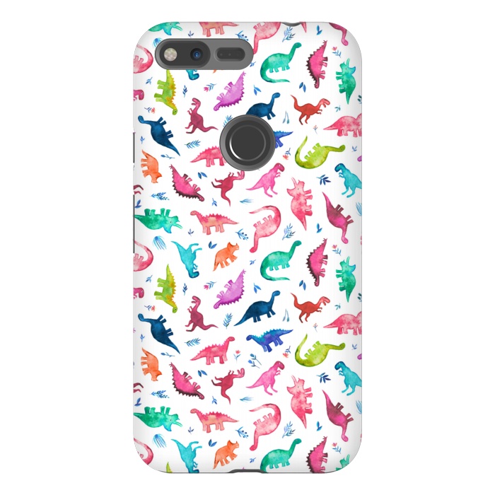 Pixel XL StrongFit Tiny Ditsy Watercolor Dinosaurs in Rainbow Colors by Micklyn Le Feuvre